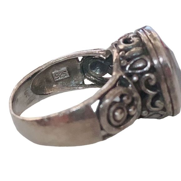 VTG 925 Sterling Silver Faceted Onyx Scroll Filigree Ring Size 6.75 Wide Band - Picture 8 of 11